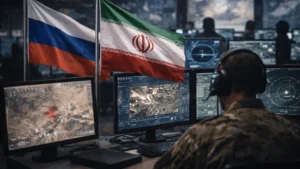 Прапори Росії та Ірану над командним пунктом з радарами під час військової співпраці на Близькому Сході.