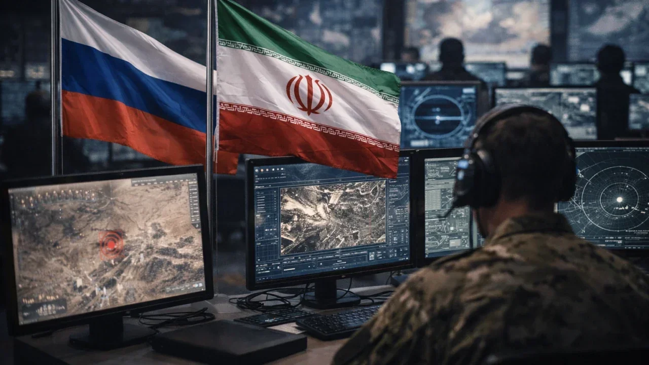 Прапори Росії та Ірану над командним пунктом з радарами під час військової співпраці на Близькому Сході.