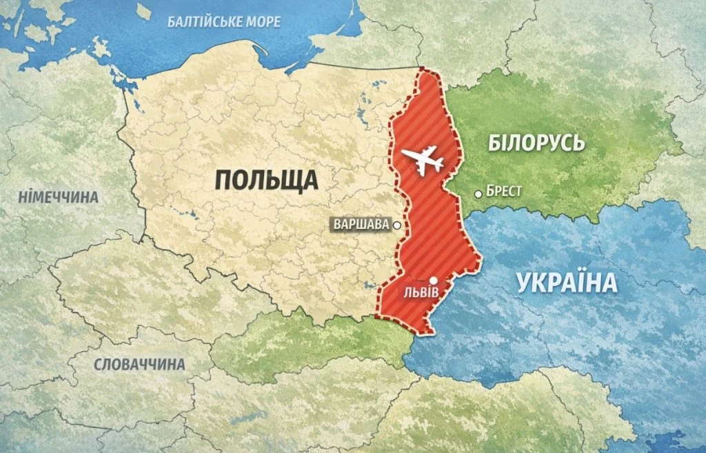 Червона зона закриття повітряного простору східної Польщі на кордонах з Україною та Білоруссю з літаком