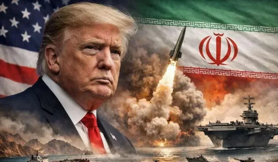 Дональд Трамп на тлі прапорів США та Ірану з ракетою, авіаносцем і вибухами