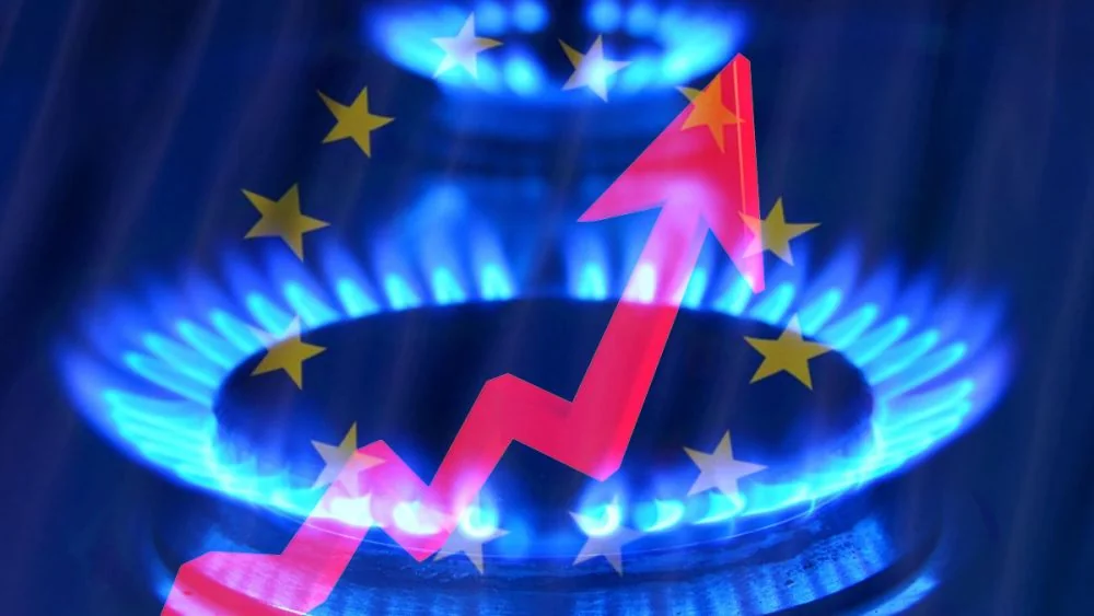 Ціни на газ у Європі злетіли на 35%: блакитне полумя з червоною стрілкою та зірками ЄС