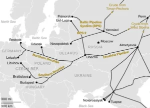 Схема трубопроводу «Дружба» з транзитом нафти через Україну до Угорщини