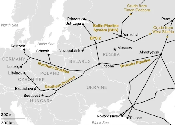 Схема трубопроводу «Дружба» з транзитом нафти через Україну до Угорщини