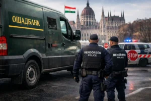 Угорські поліцейські біля затриманого фургона Ощадбанку з парламентом на фоні