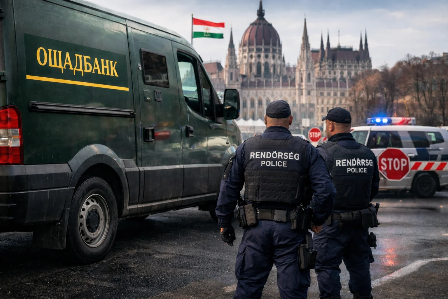 Угорські поліцейські біля затриманого фургона Ощадбанку з парламентом на фоні