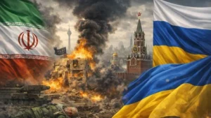 Війна в Ірані: прапори Ірану, Росії та України серед руйнувань і вогню