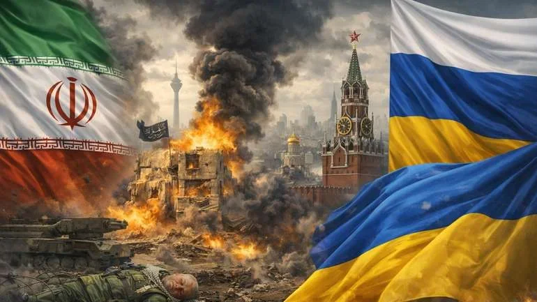 Війна в Ірані: прапори Ірану, Росії та України серед руйнувань і вогню