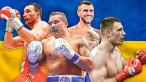 Пять легендарних боксерів України у рукавичках на тлі національного прапора