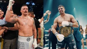 Олександр Усик та Ріко Верховен з поясами на рингу перед андеркардом