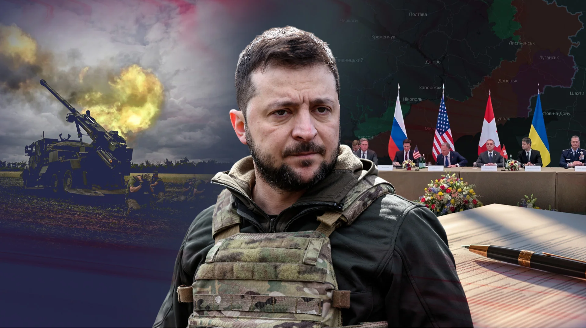 Кирило Буданов на переговорах з прапорами США, РФ та України на тлі бойових дій