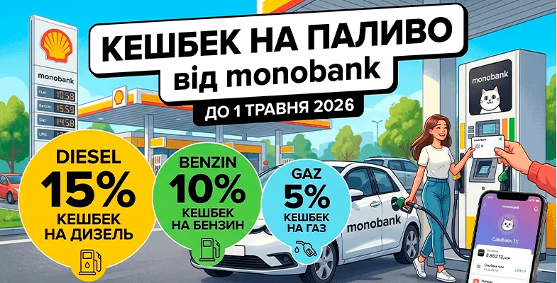 Кешбек monobank на пальне до травня 2026: 15% дизель, 10% бензин, 5% газ на АЗС Shell