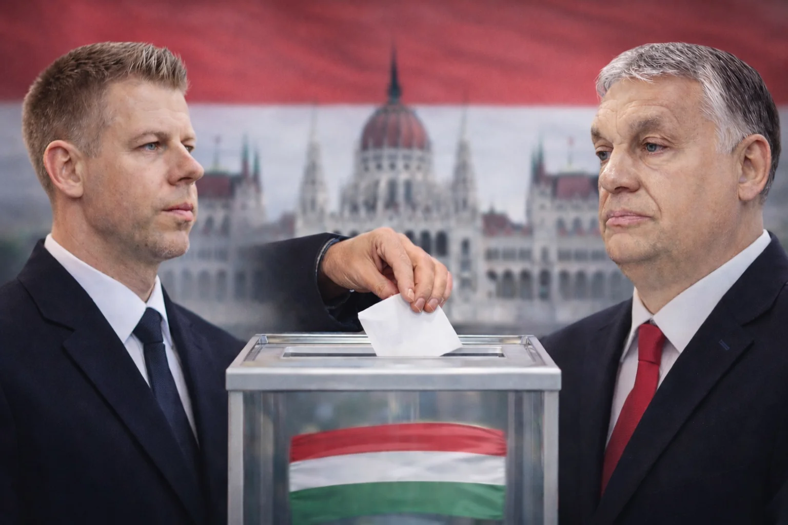 Петер Мадяр кидає бюлетень у урну поруч з Орбаном на тлі угорського парламенту