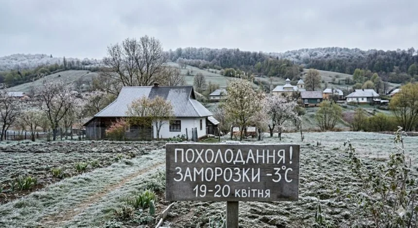 Нічні заморозки 20 квітня: іній на полях села, знак Холодно! -3°C
