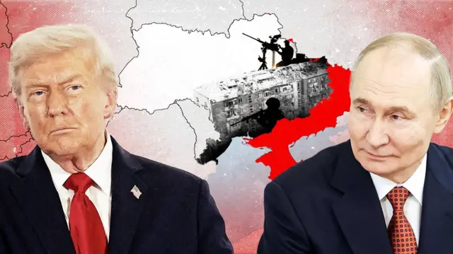 Трамп і Путін на тлі карти України з окупованими руїнами та бойовими діями