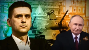 Девід Саттер та Володимир Путін на тлі Кремля з танками кризи