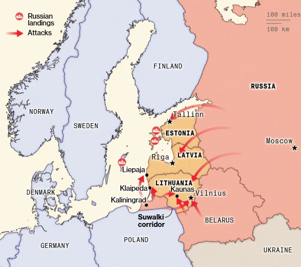 Карта можливих російських атак на Ригу, Таллінн, Каунас і Вільнюс у Балтії