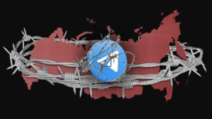 Силует Росії в колючому дроті з іконкою Telegram, символ блокади месенджера в цифровому концтаборі