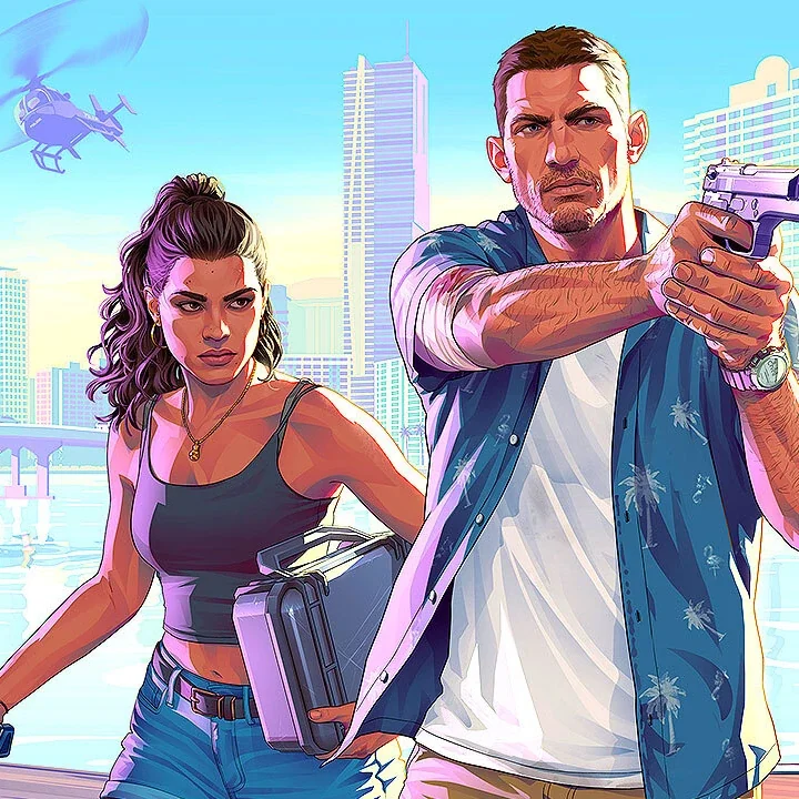 Головні герої GTA VI з пістолетом та валізою на тлі Vice City