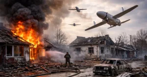 Пожежники гасять пожежу від удару дронів у Золотоніському районі Черкащини під час тривоги