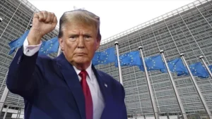 Дональд Трамп жестикулює кулаком перед будівлею ЄС з прапорами, закликаючи Європу купувати пальне в США