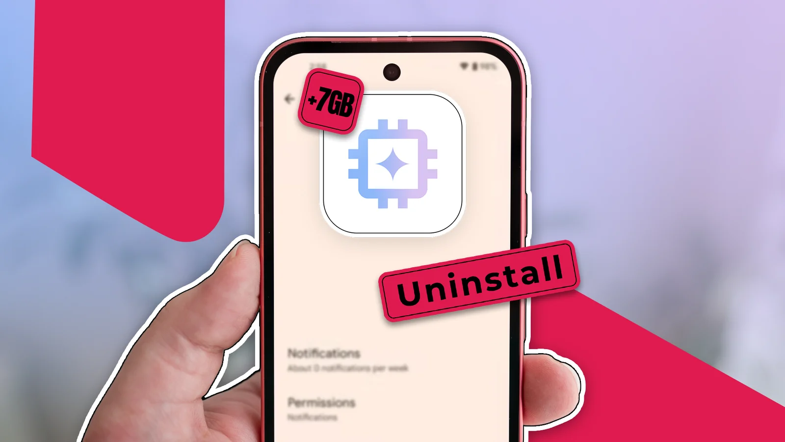 Android-смартфон з AICore, що займає 7 ГБ, червона позначка Uninstall