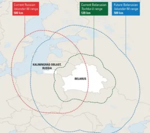 Карта дальності ракет Iskander-M з Калінінградської області та Білорусі
