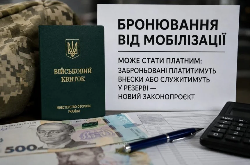 Військовий квиток та плакат про платне бронювання від мобілізації з гривнями