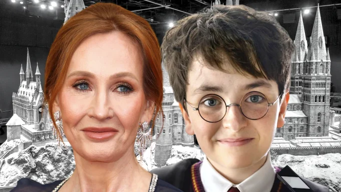 Джоан Роулинг и Гарри Поттер в круглых очках на фоне Хогвартса