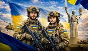 Незламні захисники України зі зброєю на тлі прапорів і монумента