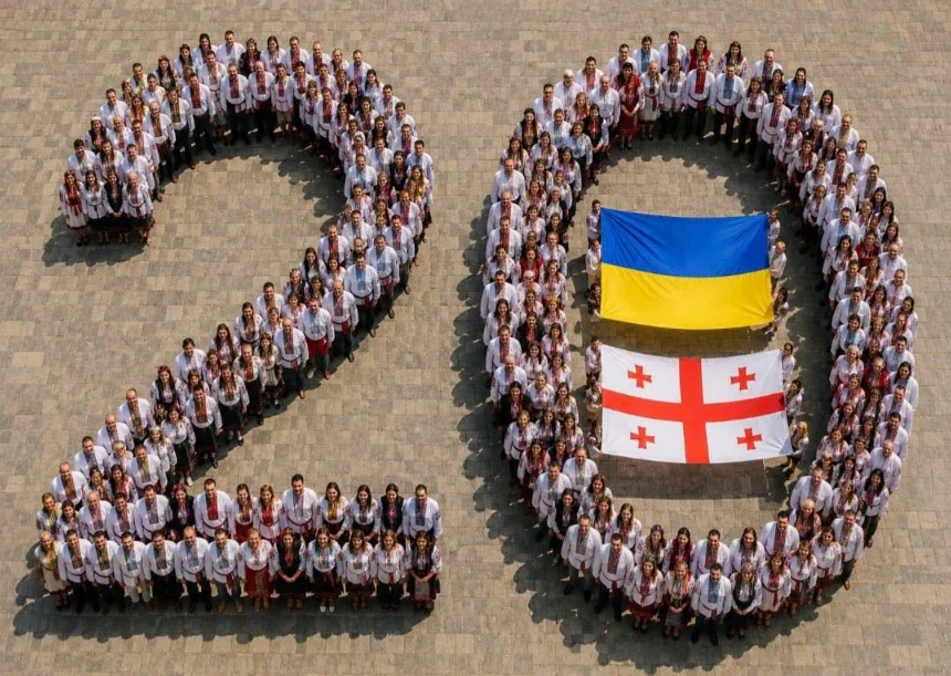 Учасники Дня вишиванки утворюють цифру 20 з прапорами України та Грузії