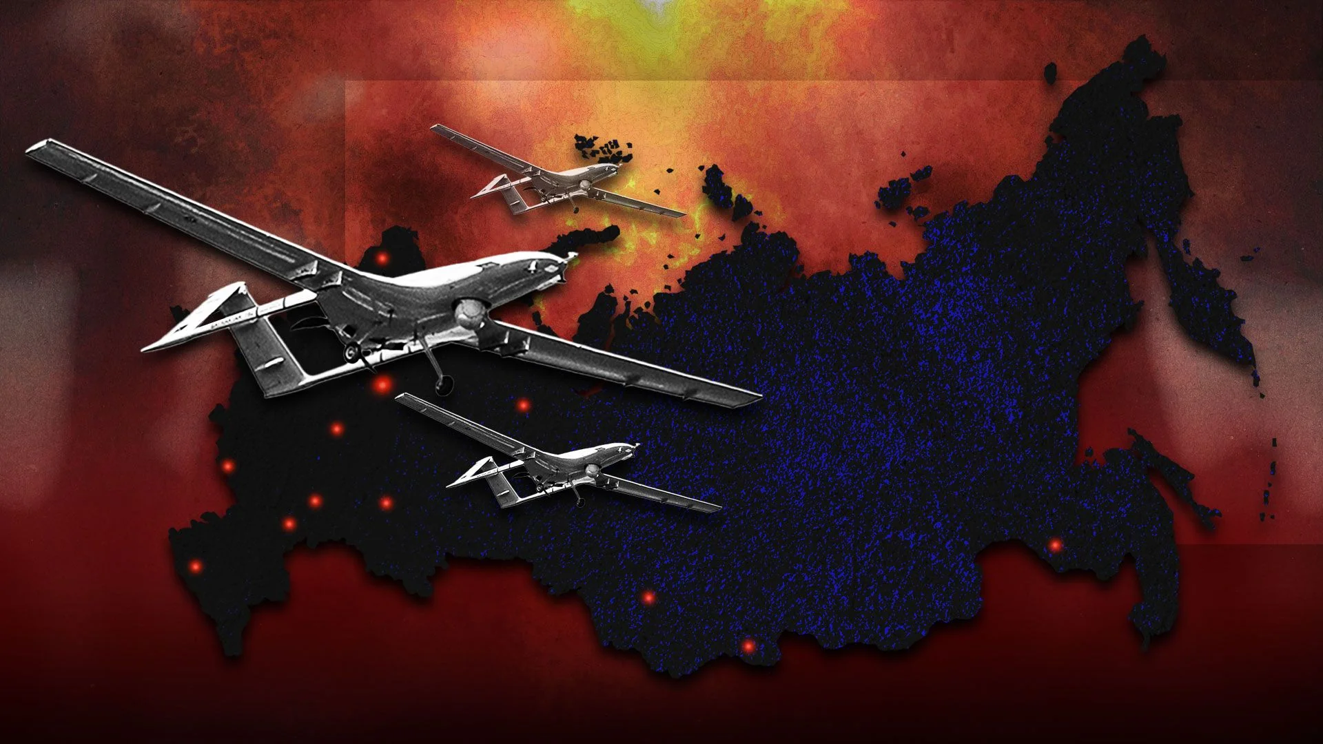 Дрони атакують регіони Росії на карті з червоними позначками