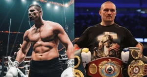 Олександр Усик у ринзі та Ріко Верхоевен з поясами перед боєм, дозволеним IBF