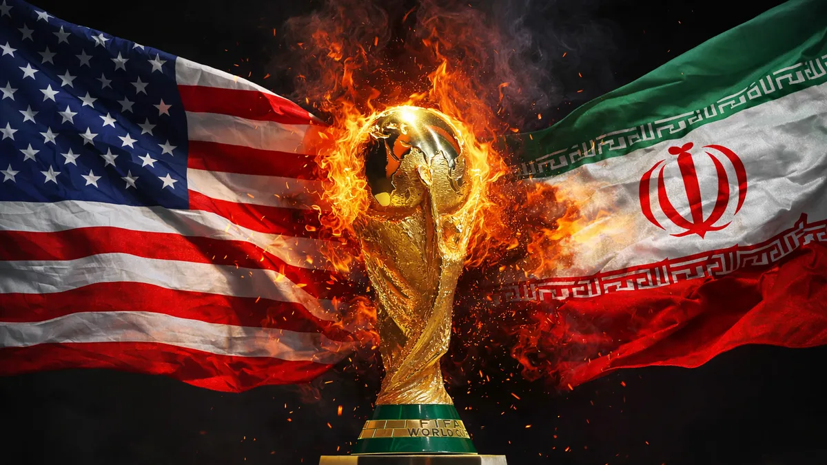 Прапори Ірану та США з кубком ЧС-2026 у полумї напруги