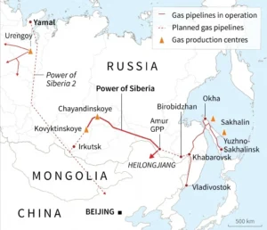 Карта газопроводів Сила Сибіру та Сила Сибіру-2 з Ямалу до Китаю