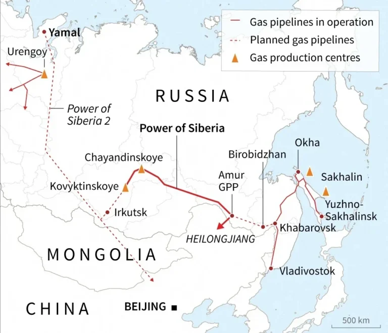 Карта газопроводов Сила Сибири и Сила Сибири-2 с Ямала до Китая