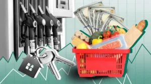 Здорожчання пального, продуктів, квартир та долара: заправка, кошик, ключ і банкноти з графіком