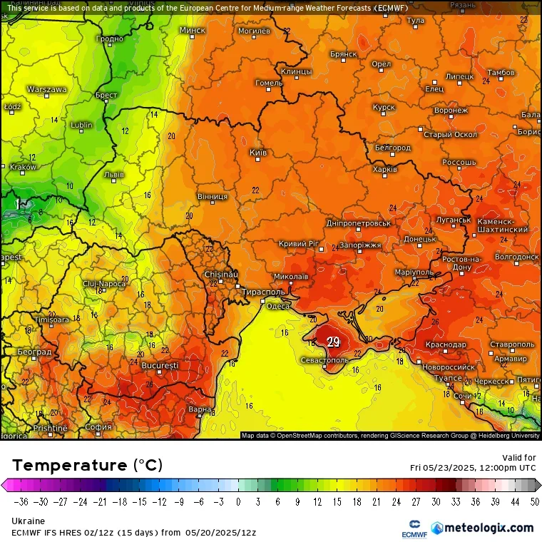 Карта прогнозу температури в Україні: потепління до +27°C на сході (ECMWF)