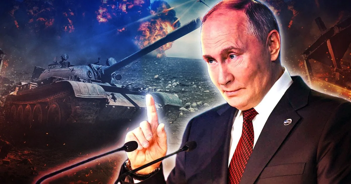 Путін із піднятим пальцем за мікрофоном на тлі танків РФ та вибухів після перемиря