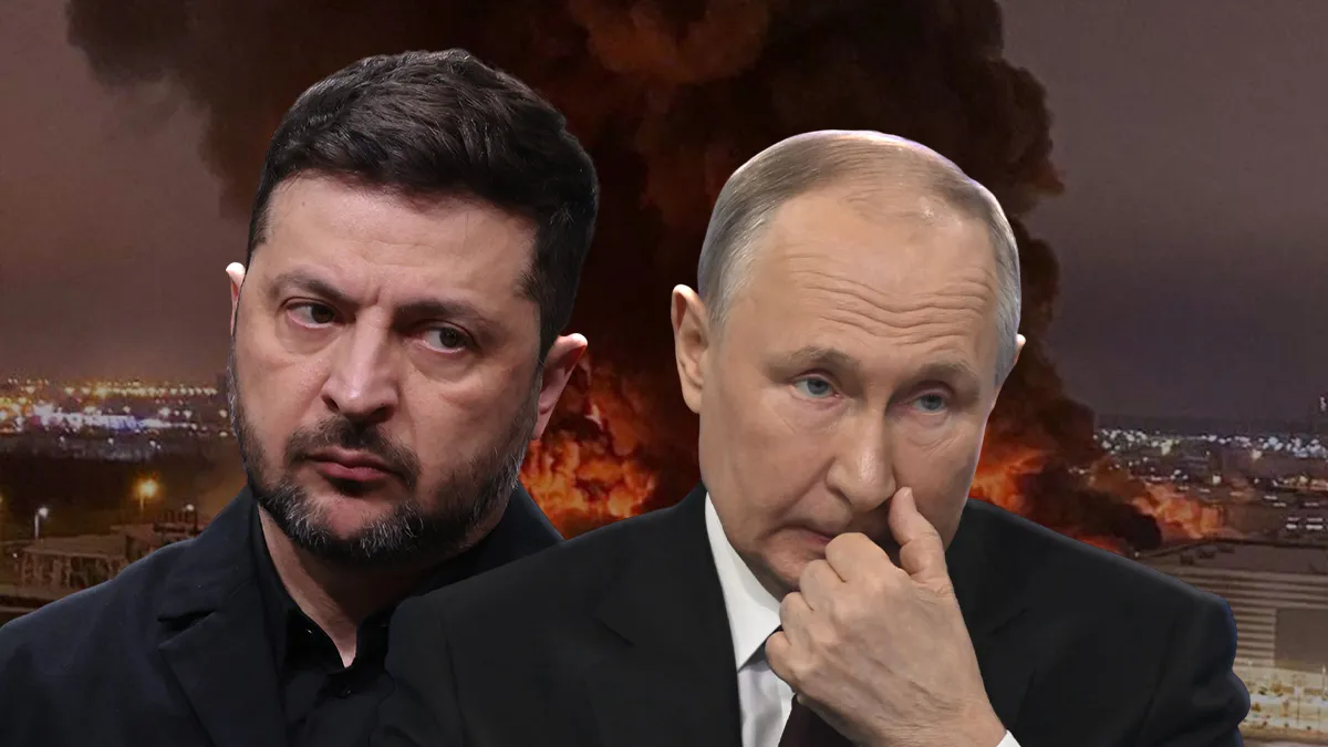 Володимир Путін і Володимир Зеленський на тлі палаючого міста від атак України