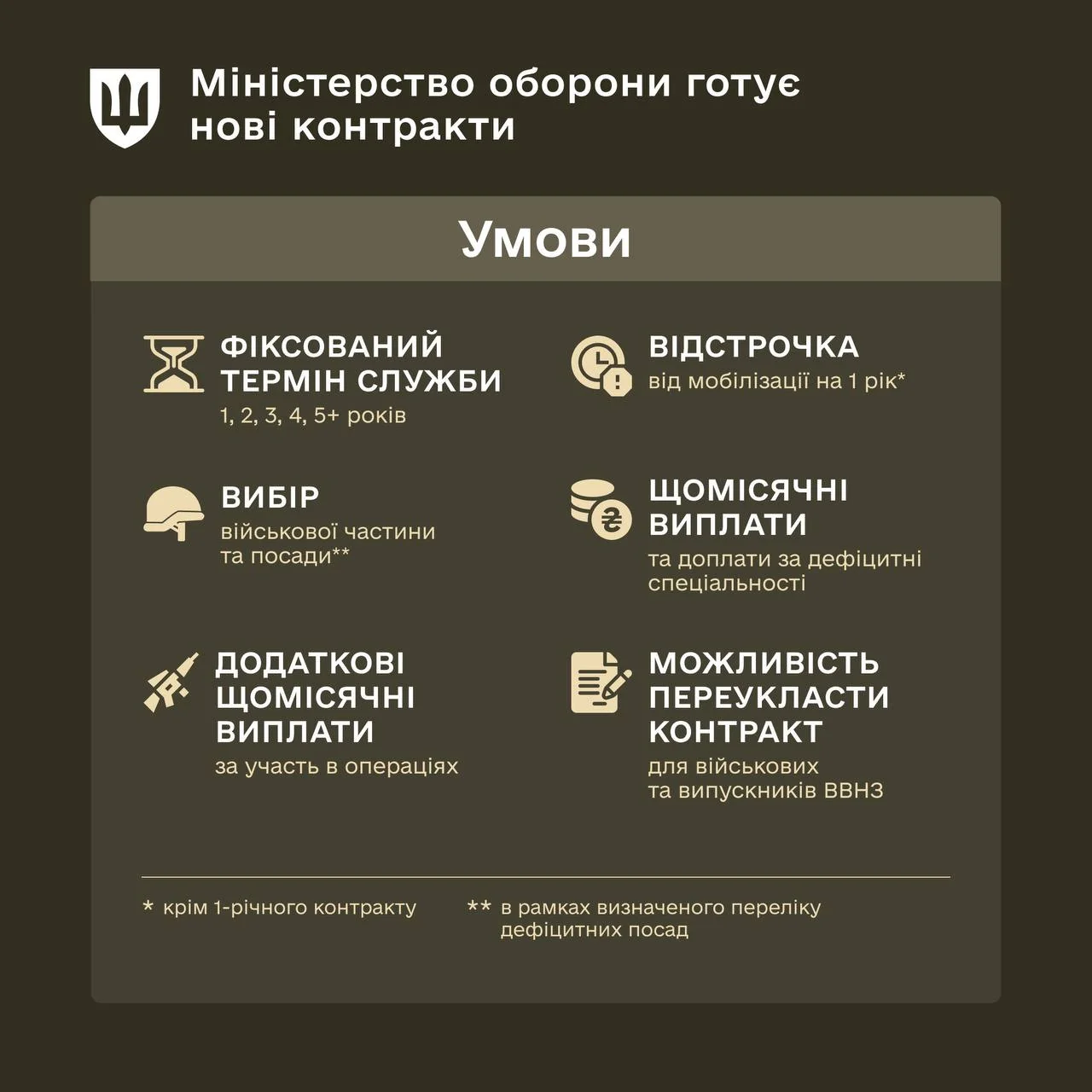 Інфографіка Міноборони про нові контракти ЗСУ: терміни служби 1-5 років, доплати за ризик