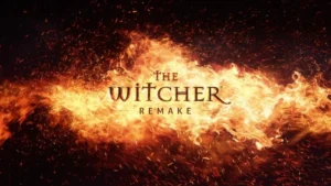 Логотип The Witcher Remake у полумї та іскрах