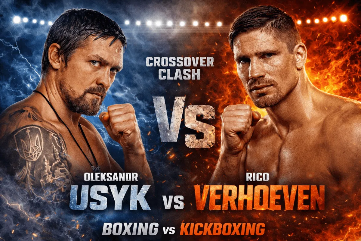 Ріко Верховен проти Усика на промо-постері кросовер-боя бокс vs кікбоксинг