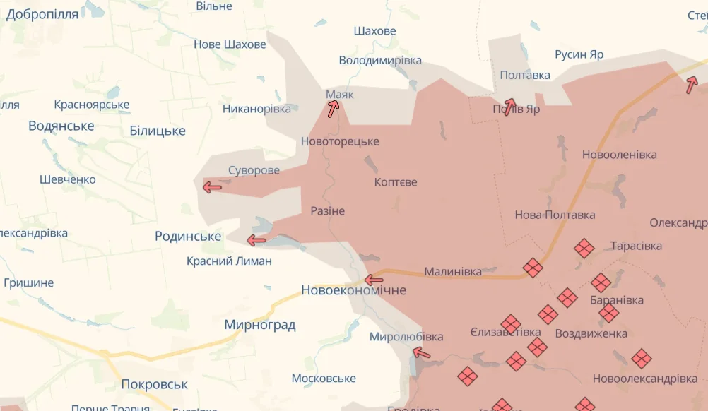 Карта просування росіян у Костянтинівці та Родинському на фронті за тиждень