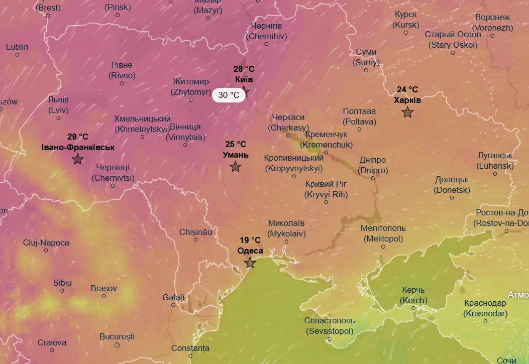 Карта прогнозу температури в Україні 5–7 травня: спека до +30°C