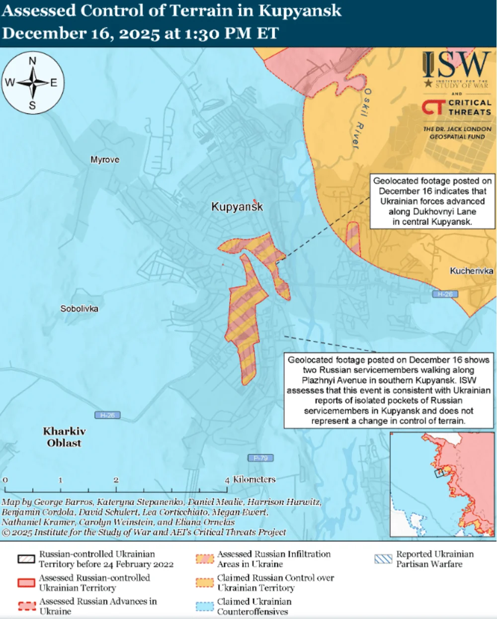 Карта оціненого контролю території в районі Купянська від ISW на 16 грудня 2025