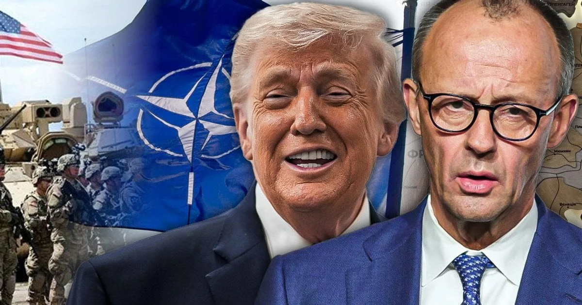 Дональд Трамп и генерал Бен Ходжес на фоне флагов США, НАТО и войск в Германии