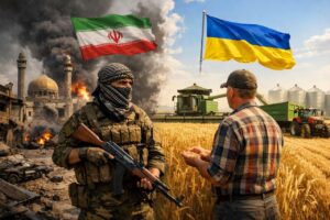 Іранський воїн розмовляє з українським фермером на пшеничному полі через війну біля Ірану