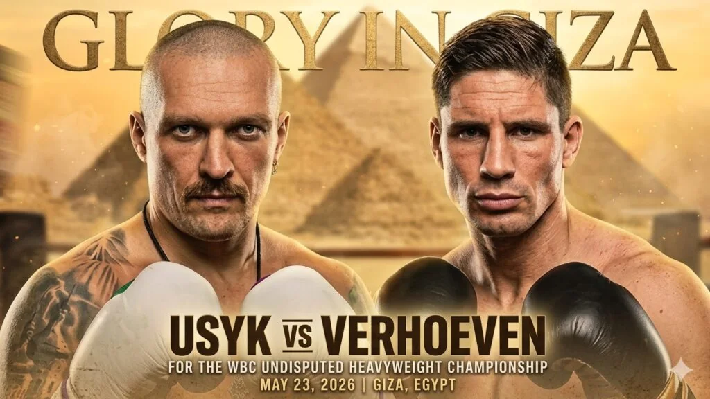 Олександр Усик і Ріко Верховен на промо-постері бою біля пірамід Гізи