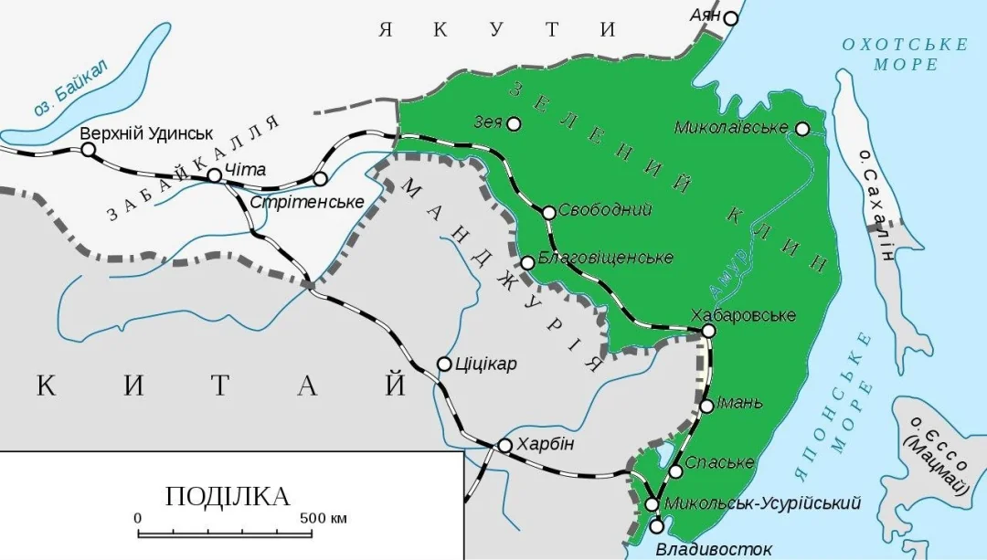 Зелений Клин на карті Далекого Сходу з українськими поселеннями та кордонами