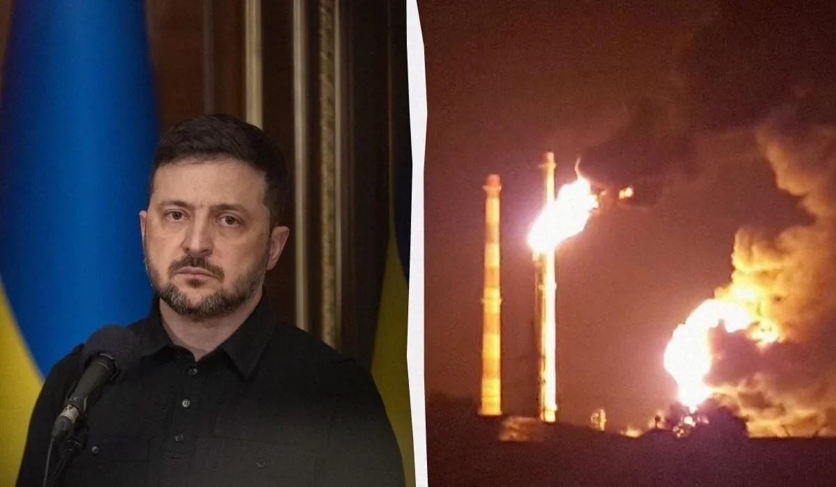 Володимир Зеленський та палаючий НПЗ у Сизрані після атаки